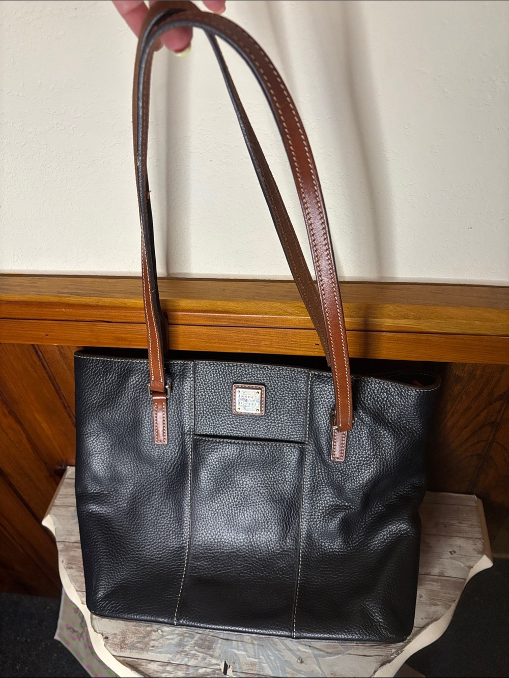 Dooney & Bourke Black Leather Tote with Brown Straps